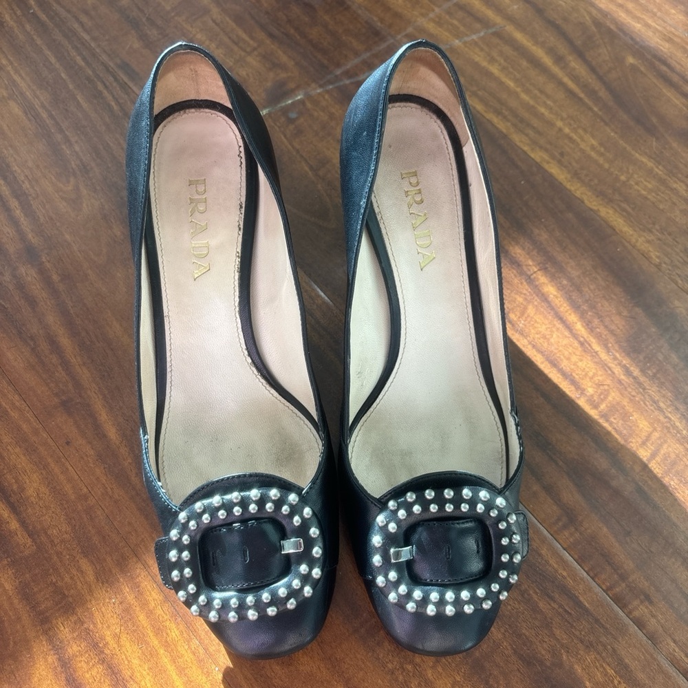 Prada Black Heels with Embellished Buckle